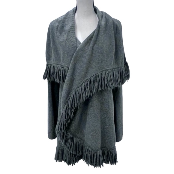 CATHERINE MALANDRINO GRAY WOOL & CASHMERE RIBBED KNIT OPEN CARDIGAN WITH FRINGE - Picture 1 of 13